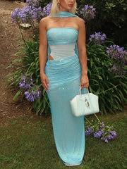 Blue Sparkly Strapless Maxi Dress With Scarf
