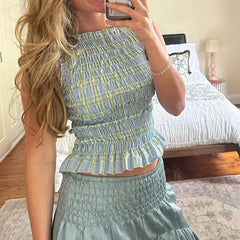 Elastic Plaid Ruched Crop Top And Shorts Set