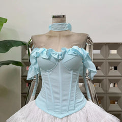 Ruffled Trim Off-shoulder Crop Top And White Tulle Mini Skirt Set