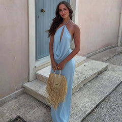 Blue Halter Drape Top And Maxi Skirt Set