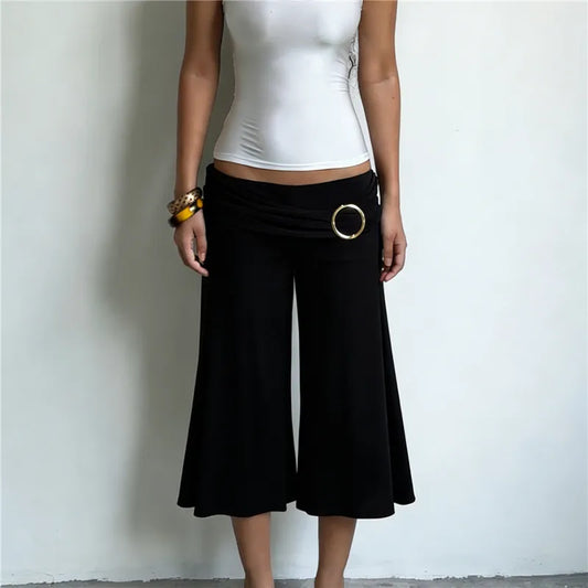 Metal Ring Waist Low Waist Wide Leg Cropped Pants