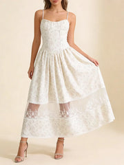 White Floral Milkmaid Cami Lace Mesh Hem Midi Dress