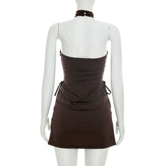 Twisted High Neck Drawstring Side Ruched Mini Dress