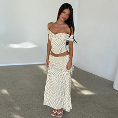 White Polka Dot Crop Top And Side Bow Skirt Set
