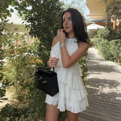 Halter Cascading Ruffles Mini Dress