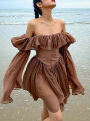 Brown Off Shoulder Long Sleeve Frill Mini Dress