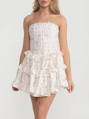 White Floral Lace Up Strapless Ruffles Mini Dress