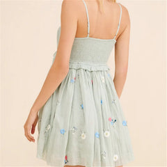 Floral Embroidery Smocked Sleeveless Mini Dress