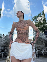 Mesh Letter Printed O-Neck Tank Top With Gloves