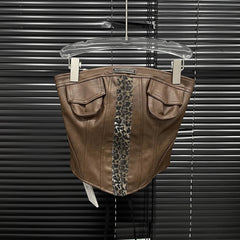 Brow Pu Printed Patchwork Corset And Mini Skirt Set