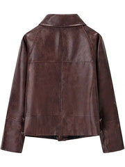 Brown Pu Leather Lapel Button Spliced Pocket Jacket