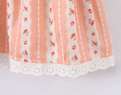Orange Floral Stripes Print Lacing up Short Puff Sleeve Mini Dress