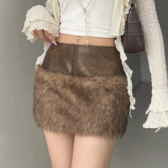 Brown Faux Fur Crop Coat With Patchwork Mini Skirt