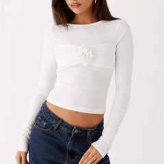 Long Sleeve 3D Flower Round Neck Top