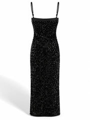 Black Sequin Spaghetti Strap Cowl Neck Midi Dress