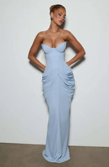 Pleated Waist Corset Strapless Lace Up Maxi Dress