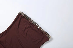 Brown Strapless Sequin Trim Metal Decoration Long Dress