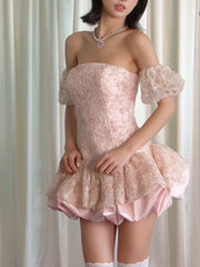 Off Shoulder Puff Sleeves Floral Bubble Mini Dress