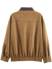 Brown Lapel Ribbed Collar Patchwork Pocket Jacket