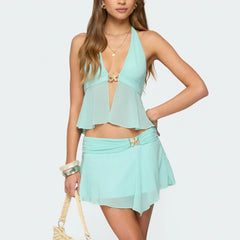 Mesh Halter Neck Metal Buckle Top with Mini Skirt Set