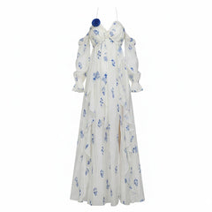 White Floral Print Flower Brooch Flowy Halter Maxi Dress