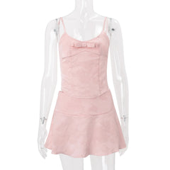 Pink Satin Jacquard Corset Top & Ruffled Mini Skirt Two‑Piece Set