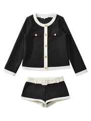 Two Tone O-Neck Long Sleeve Cardigan And Low Waist Shorts Set