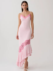 Lace Trim Ruffle Mermaid Hem Cami Midi Dress