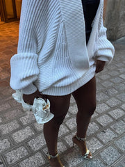 White Knit Deep V-Neck Mini Long Sleeve Dress