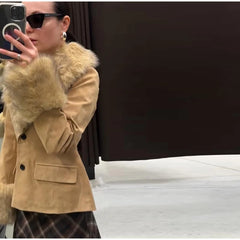 Brown Suead Faux Fur Patchwork Jacket