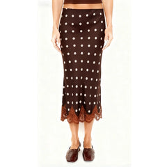 Polka Dot Sheer Lace Trim Satin Long Skirt