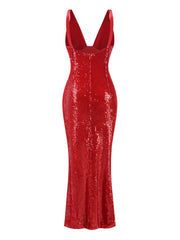 Red Deep V-Neck Sequin Long Dress