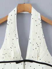 White Polka Dot Halter Bow Accent Waist Pleated Bodice Mini Dress