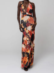 Halter Tie Up Floral Print Maxi Dress