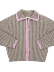 Brown Zipper Contrast Pink Striped Textured Cardigan