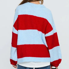 Blue And Red Round Neck Lantern Long Sleeve Striped Sweater