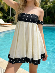 Polka Dots Trim Choker Off Shoulder Strap Bubble Mini Dress