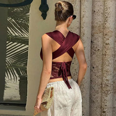 Wrap Around Halter Deep V Neck Sheer Lace Crop Top