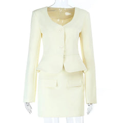 Yellow Solid Crop Blazer And Mini Skirt Set