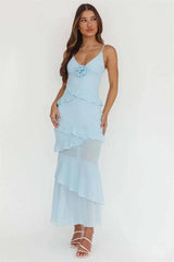 Spaghetti Strap 3D Rose V Neck Ruffle Maxi Dress