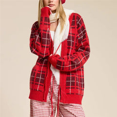Red Plaid Lace Up Knit Cardigan