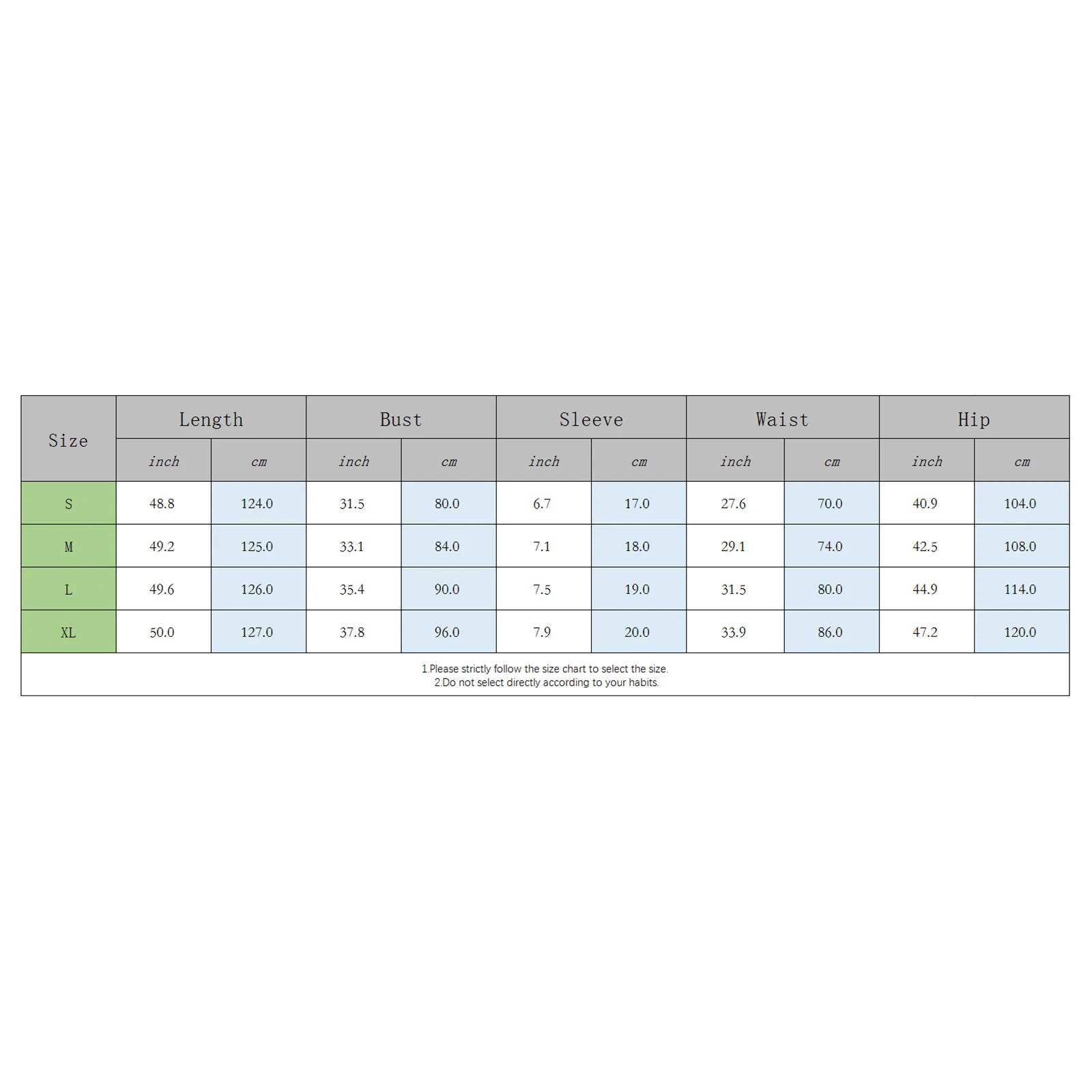Measurement chart for clothing sizes S, M, L, XL with dimensions in inches and centimeters.