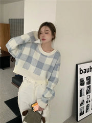 Plaid Loose O-Neck Short Sweater