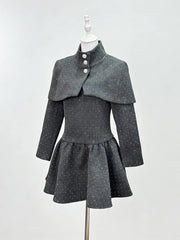 Grey Square Neck Long Sleeves Shawl Mini Dress