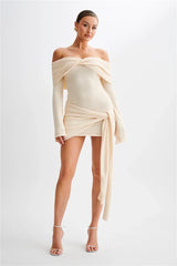 Off-shoulder Knit Mini  Long Sleeve Draped Dress