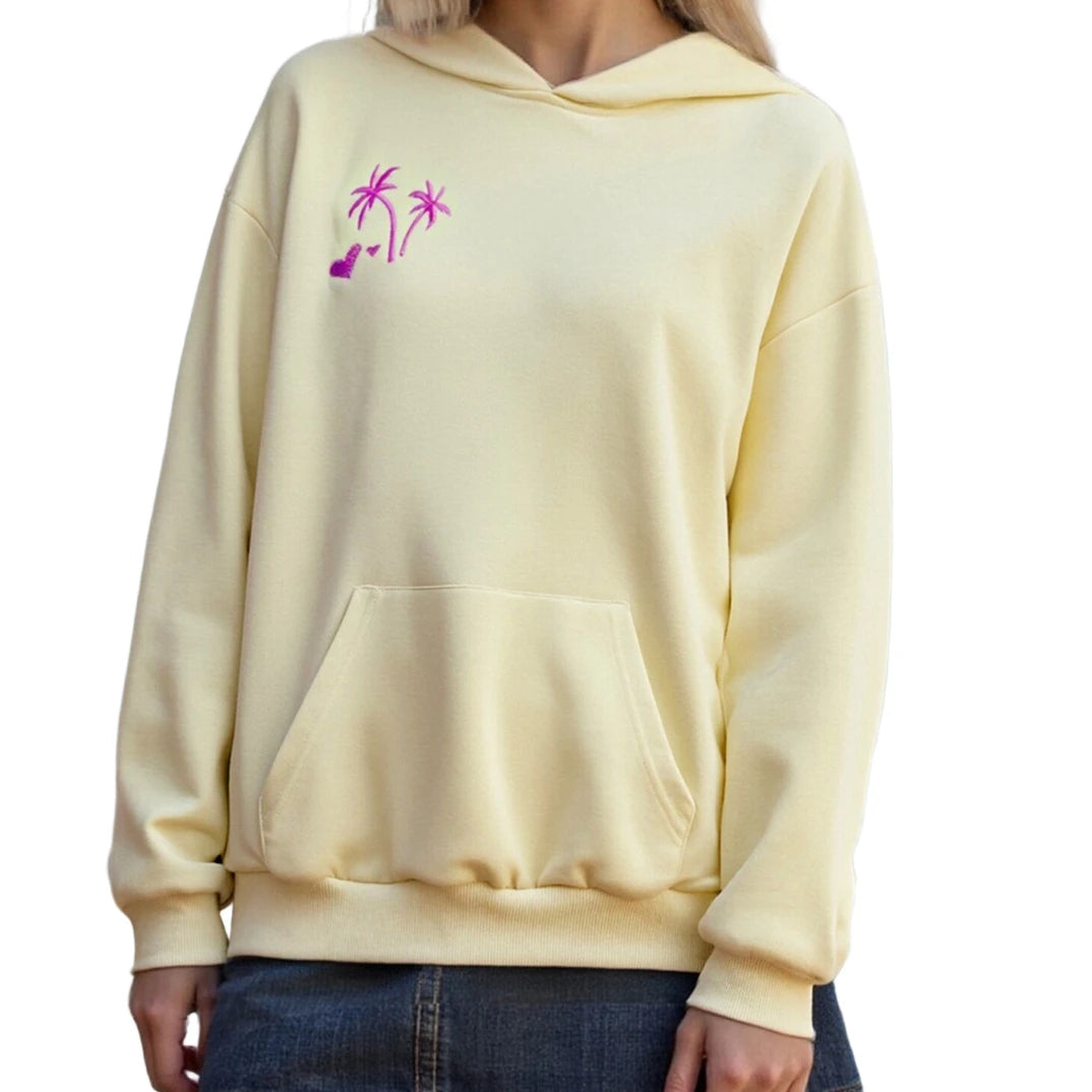 Light yellow hoodie with a pink palm tree design