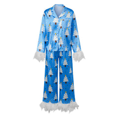 Christmas Feather Trim Satin Long Sleeve Button Down Top And Pants Pajama Set