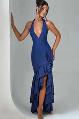 Deep V-neck Ruffles High Split Maxi Dress