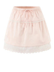 Pink Short Sleeve Button Up Top And Eyelet Trim Mini Skirt