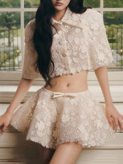 White Lace Embroidery Collar Short Sleeve Crop Top And High Waist Mini Skirt Set